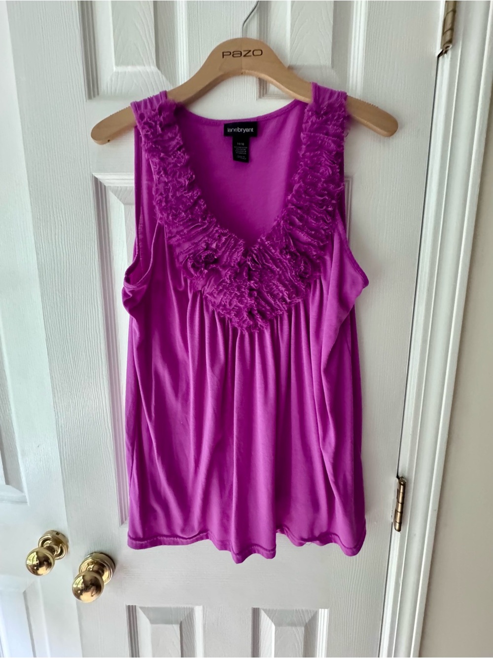 Lane Bryant Fuchsia Ruffle V-Neck Tank Top, 14/16, 1X
